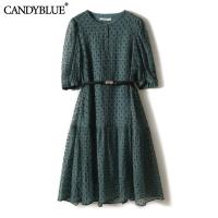 【YF】 Dark Green Polka Dot Printing Round-Neck Belt Womens Dress Short Sleeve Elegant Vintage A-Line Knee-Length Dresses For Women