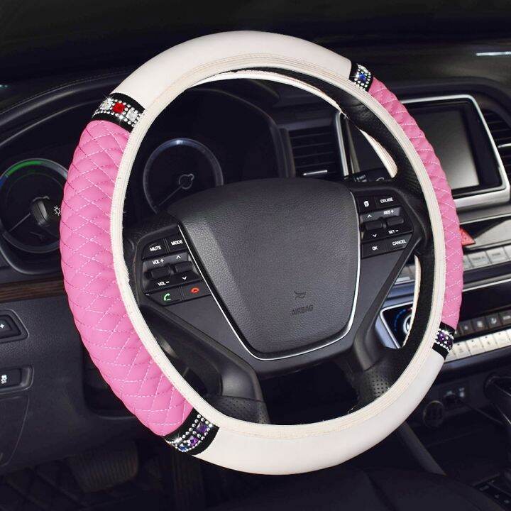 automobile-accessories-พวงมาลัยรถยนต์สีชมพูสีขาว37ซม-38ซม-สำหรับเครื่องประดับ-hiasan-interior-เพชรระยิบระยับสำหรับผู้หญิง