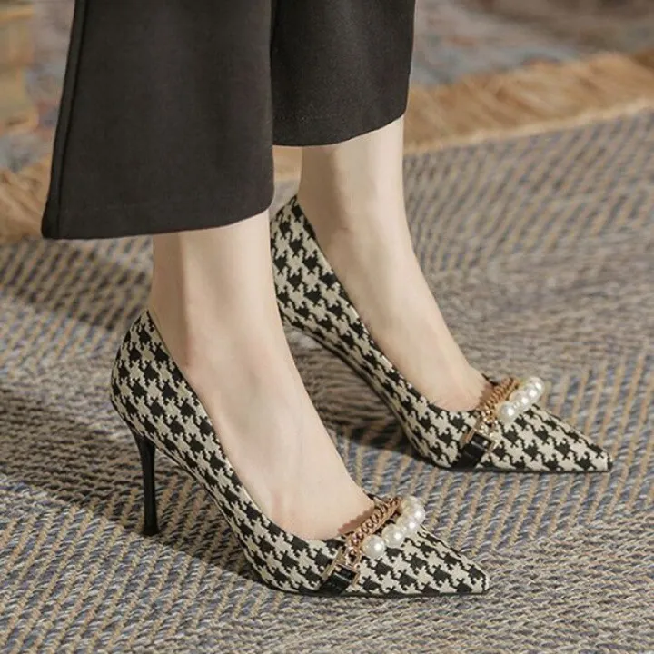 2023-ฤดูใบไม้ผลิและฤดูร้อนใหม่รองเท้าส้นสูง-houndstooth-ผู้หญิงส้นเข็มออกแบบความรู้สึกเฉพาะอารมณ์รองเท้าเดียวหัวแหลมรองเท้าทำงาน