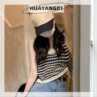 HUAYANG01 [2023 new HOT FASHION] lazlook เสื้อกล้ามผู้หญิงคอกลมแขนกุดหลวมลายทางกลวงออกถักฤดูร้อน