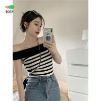 One-line collar collarbone contrast color striped short slim sleeveless sweater top womens summer hot girl sexy T-shirt 9113