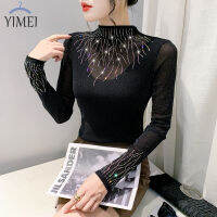 YIMEI เสื้อสวมหัวสีดำอเนกประสงค์สำหรับผู้หญิงคอตั้งครึ่งเดียวเสื้อยืดลายเพชรเข้ารูปพอดีมีเอกลักษณ์เฉพาะสำหรับฤดูใบไม้ร่วง/ฤดูหนาวชุดเป็นประกาย2023