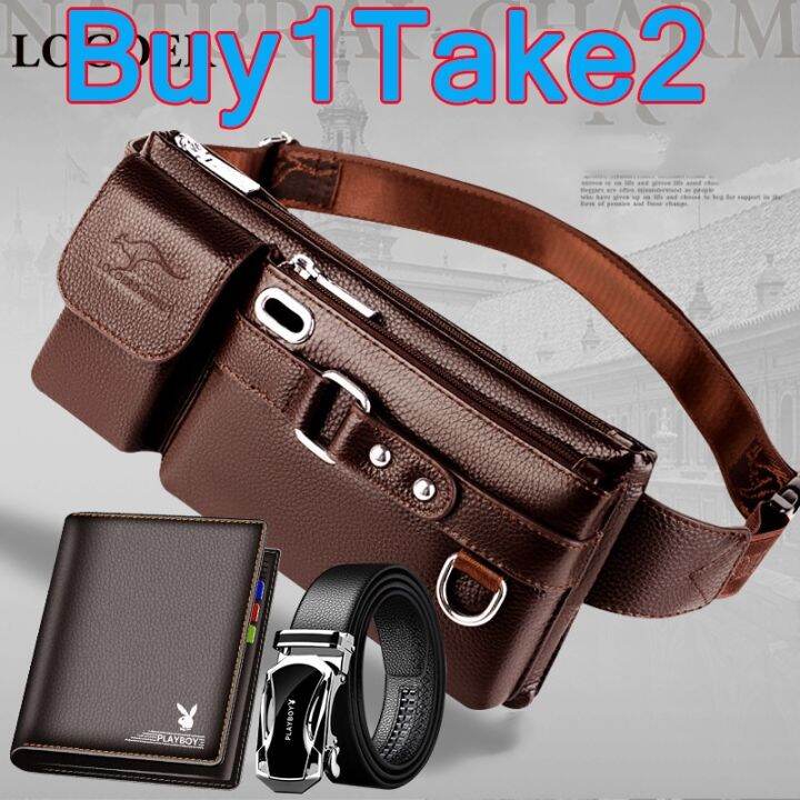Men's leather waist bag multifunction sports messenger bag large
