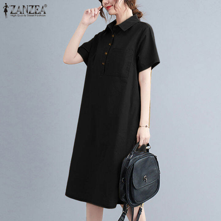 manbei-zanzea-ชุดเดรสผ้าฝ้ายแขนสั้นผู้หญิงขนาดใหญ่-baggy-midi-dress