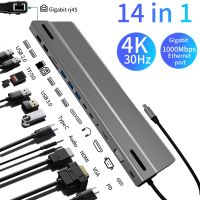 USB อะแดปเตอร์ฮับ14 In 1 USB C พร้อม4K HDMI VGA USB-C Thunderbolt 3กิกะบิตอีเทอร์เน็ตเสียง SD/TF สำหรับ MacBook แท่นวางมือถือ Feona