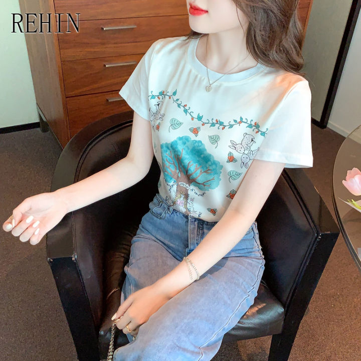 rehin-เสื้อยืดแขนสั้นคอกลมพิมพ์ลายของผู้หญิง-เสื้อเบลาส์หรูหราแนวยุโรปไม่ซ้ำใคร