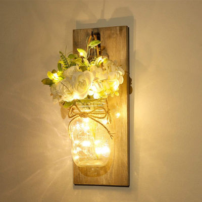 Mason Jars Sconce LED Fairy Lights And Flowers With Remote Control Suitable Antique Wall Light For Living Room Bedroom Decor