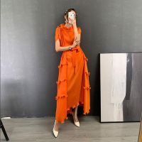 2023 Hot Fungus edge smocked lace-up irregular hem belt pleated long dress for women commuting with a stylish stand-up collar dress