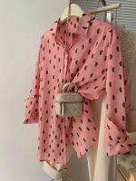 Spot parcel post High-End French Style Pink Floral Shirt Womens Slimming European Goods Temperament Chic Western Style Shirt Sun Protection Top