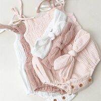 ชุดบอดี้สูทผ้าลินิน Katun Anak Perempui Bayi Baru Lahir ชุดจั๊มสูท Tali Tanpa Lengan + Ikat Kepala Pakaian Pantai 2 Potong