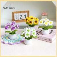 YOUTH BEAUTY เครื่องประดับสำหรับตกแต่ง กระถางโครเชต์ลายดอกทานตะวัน ถักด้วยมือ เทียมเทียมเทียม บอนไซดอกไม้ถักปลอม ของขวัญสำหรับเด็ก ดีไอวาย โครเชต์พืชบอนไซ ของตกแต่งบ้าน