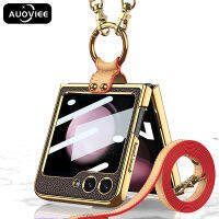 AUOVIEE เคสแบบมีสายคล้องเชือกยาวสำหรับ Samsung Galaxy Z Flip 5 Flip5 4ปกหนังเคลือบฝาครอบพร้อมแหวนใส่นิ้วและกระจกเลนส์