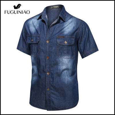 Fuguiniao เสื้อเชิ้ตฝ้ายบริสุทธิ์ฤดูร้อนผู้ชาย,สำหรับเสื้อเชิ้ตเดนิมของบุรุษเสื้อเชิ้ตลำลองมีกระเป๋าหลายจุดเสื้อยีนส์