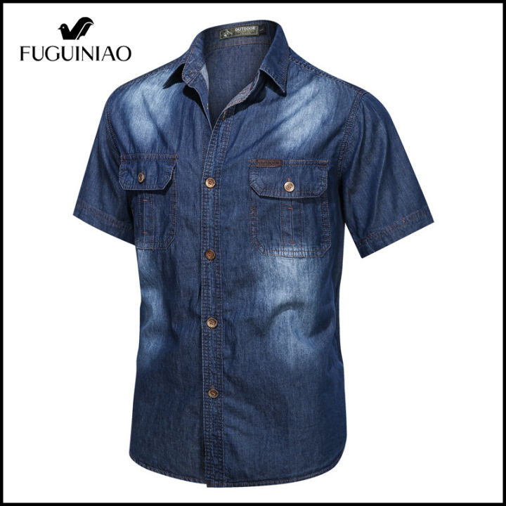 fuguiniao-เสื้อเชิ้ตฝ้ายบริสุทธิ์ฤดูร้อนผู้ชาย-สำหรับเสื้อเชิ้ตเดนิมของบุรุษเสื้อเชิ้ตลำลองมีกระเป๋าหลายจุดเสื้อยีนส์