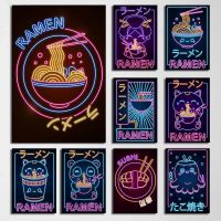 2023™❖◐ Japanese Wave Ramen Sushi Cat Posters Neon Design Canvas Painting Japan Culture Wall Art Picture Retro Kawaii Cuisine Room Deco