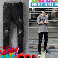 จำนวนจำกัด  ขายดี​ Amiri black ripped jeans new cashew flower patch ถูกเวอร์