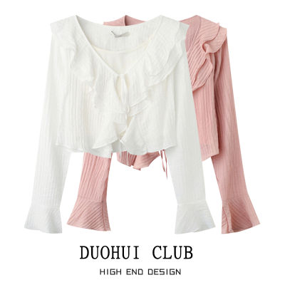 DUOHUI ไซส์ใหญ่ (M,L,XL,2XL) เสื้อเบลาส์ คอV หลวม สีชมพู แฟชั่น เกาหลี เสื้อเขิ้ตหญิง เสื้อแฟนชั่นผญ