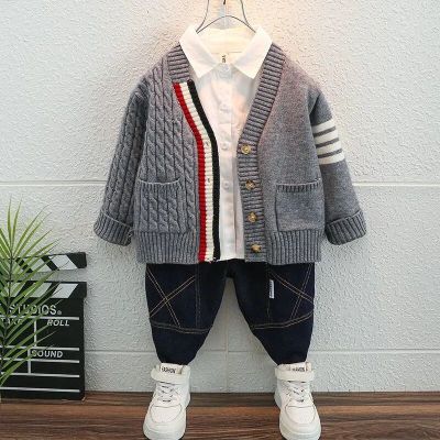 Spring and Autumn Boys Knitted Cardigan Coat New Style Handsome V-Neck Outer Sweater Childrens Knitted Cardigan