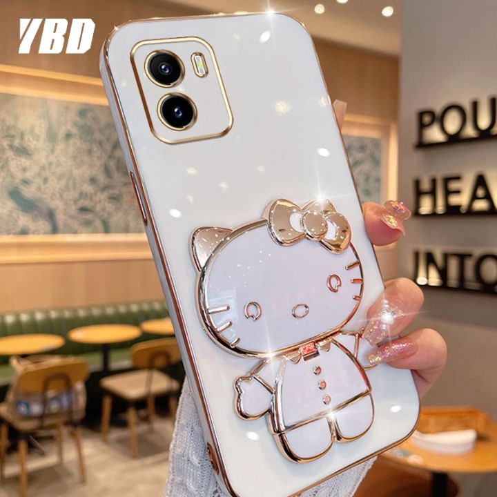 ybdมีเคสโทรศัพท์กระจกสำหรับ-vivo-y15s-y15a-y01-y01a-3dแมวน่ารักพับได้เคสซิลิโคนแบบนิ่มฉากยึดสามมิติ