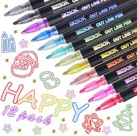 ปากกามาร์กเกอร์เรืองแสงปากกาวาดเขียนปากกาสำหรับเขียนโครงร่างเส้นคู่12สีสำหรับอวยพรวันเกิดการ์ด/อัลบัมภาพ/ระบายสี