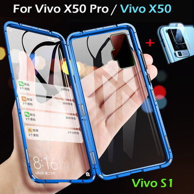 สำหรับ Vivo X70/X70 Pro/Vivo X80/X80 Pro  (Vivo X50 Pro) (Vivo X50) (Vivo S1) กรณีโลหะแม่เหล็กสองด้านด้านหน้าและด้านหลังกระจกนิรภัยแม่เหล็กปลอก 360 เต็มปกโทรศัพท์เชลล์กับฟรีแก้วกล้องเลนส์ฟิล์มป้องกัน