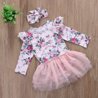 Baby Girl Clothes Set Girl Floral Fly Sleeve Tutu Lace Dress Toddler Clothes+Headband Outfit Newborn Clothes Set  by Hs2023