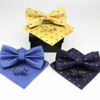 บุรุษอย่างเป็นทางการ Dot สุนัขลายโพลีเอสเตอร์ Bowtie Pocket Square Cufflinks ชุด Bow Tie ผ้าเช็ดหน้า Cuff Links จำนวนมากชุดสามชิ้น-GGHJY STORE