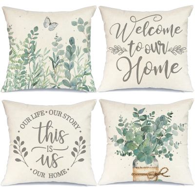 18X18 Set of 4 Spring Pillow Covers Farmhouse Throw Pillows Eucalyptus Leaves Home Decor for Couch