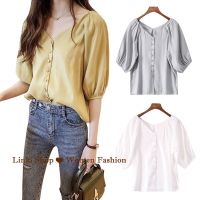 COD dhdfxcz 【Free Gift】Linki Fashion Plain Loose Chiffon Shirt Short Sleeve Women Blouse 4228