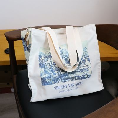 ❈♕◎ Large capacity canvas bag Thick Van Gogh paintings Tote bag women zipper bag laptop bag Ladies casual shoulder bag