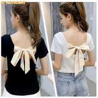 เสื้อยืดมัดโบว์หลัง   แต่งผูกโบว์เว้าหลังสุดแซ่บ  เสื้อแขนสั้น Backless  เสื้อยืดคอกลม