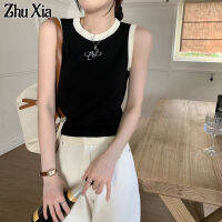 Zhu Xia เสื้อกั๊กชุดสตรีแบบสวมคล้องคอพิมพ์ลายผ้าฝ้ายแขนกุดสำหรับคอกลม,เสื้อเสื้อยาวปิดถึงก้นผ้าฝ้ายพิมพ์ลายตัวอักษรสีสะท้อนสีพื้น