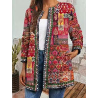 Autumn Winter  Cardigan Womens Vintage Ethnic Floral Printed Long Sleeve Tunic Jackets Ladies Loose Outerwear Chic Top Coat