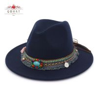 QBHAT Ethnic Style Band Decoration Felt Jazz Hat Fedora Panama Flat Brim Formal Hats Oktoberfest Fedoras Trilby Chapeau QB31