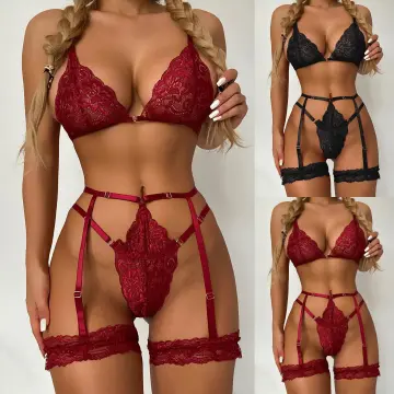 Sexy Women Lace Bra Sexy Lingerie with Garter +Thong Set Underwear