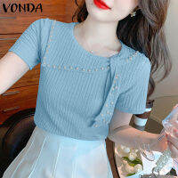 (จัดส่งฟรี)Fancystyle VONDA เสื้อแฟชั่นของผู้หญิงแขนสั้นแบบหลวมคอกลมเสื้อถักอเนกประสงค์