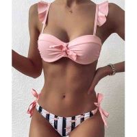 【CC】Striped Lace Ruffle Push Up Women Bandeau Swimsuit Female Swimwear Bra Cup Bikini set High Cut Bathing Suit