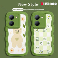 NIWINEE เคสโทรศัพท์แกะหนังแกะสำหรับ VIVO Y36 5G ลายการ์ตูนหมีขอบลอนใหญ่กระเป๋าเต็มกันล้มปลอกนิ่มน่ารักสีแดง