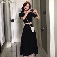 Women Outfit 2023 Summer V Neck Single-Breasted Crop Tops + A Line Skirts Suits Woman Vintage Two Piece Sets Clothes