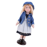 40cm Porcelain Victorian Doll in Outfit, Standing Little Girl with Wooden Stand,