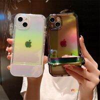 【 AN boutique 】  Aurora เลเซอร์โปร่งใสพร้อมสร้อยข้อมือยืดหยุ่น Anti Start Soft TPU สำหรับ iPhone 13 12 11 Pro Max XS Gradient Clear Clear Funda Rainbow Kick Stand