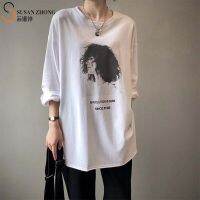 2021 New Spring Women T-Shirt Female Tops Sweatshirts Cozy Prints Loose Oversize Long Cotton O-Neck Drop Shoulder Split Hem