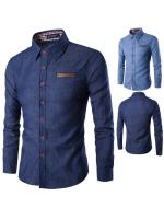 Mens Casual Pocket Leather Long Sleeve Shirt Cotton Slim Denim Shirt Men Yn13