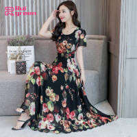 Korean Version Dress Woman Floral Printed Leisure Dress of Short Sleeves and Round-neck Leisure Costume