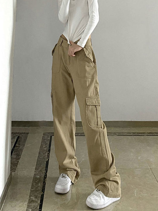 กางเกงยีนส์ตรงเอวสูงสตรีทของผู้หญิงสีกากีย้อนยุคขากว้างสไตล์สาวอเมริกันกางเกงลำลอง2023