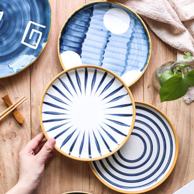Best Gold Japanese Style Ceramic Party Tableware Set Porcelain Breakfast Plates Dishes Geometric Pattern Noodle Bowl Home Decor