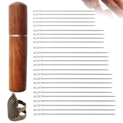 24pcs Practical Side Hanging Sharp Easy Thread Art Crafts DIY Embroidery Wooden Case Handmade Large Eye With Thimble Hand Sewing Self Threading Needles