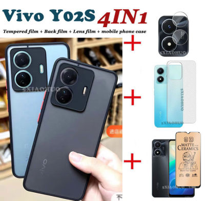 4in1 Vivo Y02S เคสโทรศัพท์ Skin Sensation Scrub เลนส์ป้องกันเคสโทรศัพท์กันกระแทก + ฟิล์มเซรามิคอ่อน + ฟิล์มเลนส์ + ฟิล์มด้านหลัง