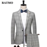 BATMO 2021 new arrival spring Plaid casual suits men,mens wedding dress,jackets+pants 5585