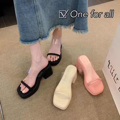 One for all พร้อมส่งจากไทย TX466 รองเท้าแตะส้นสูง สูง 9 cm หนัง PU ส้นหนา หัวสี่เหลี่ยม เบาใส่สบาย แฟชั่นสำหรับผู้หญิง